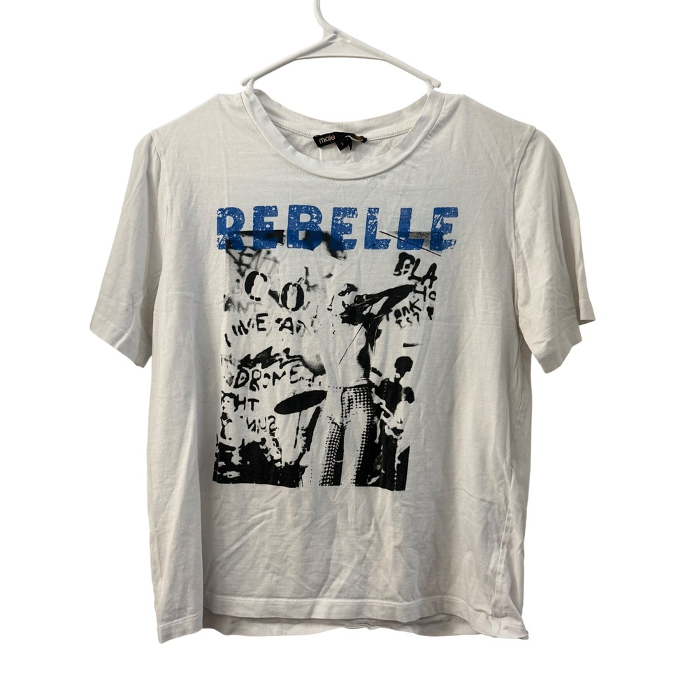 Maje White Rebelle Graphic T-Shirt Cotton Crew Neck Short Sleeve Size 1 Small